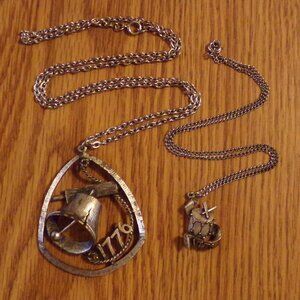 Patriotic Metal Silver Tone Necklaces Liberty Bell Drum 1776